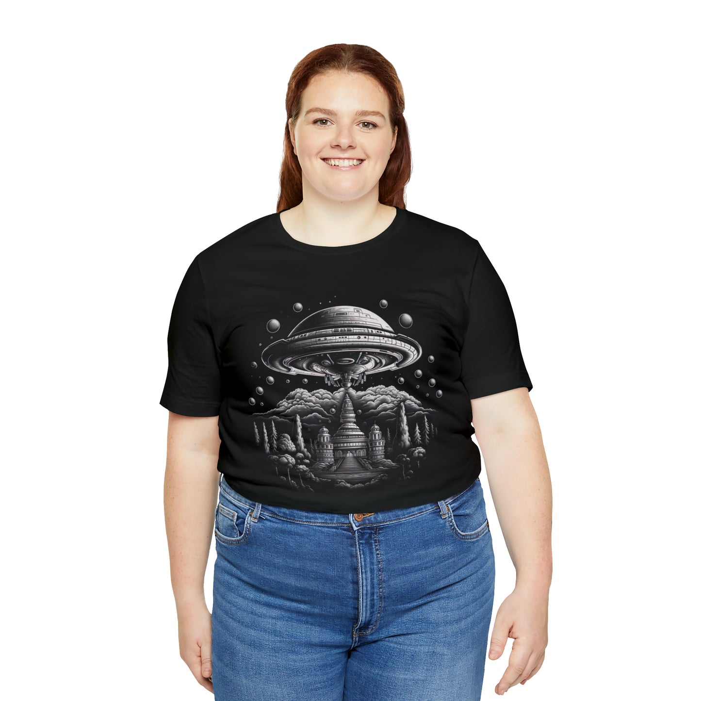 Ancient Temple Flyover UFO T-Shirt | Higher Density Living