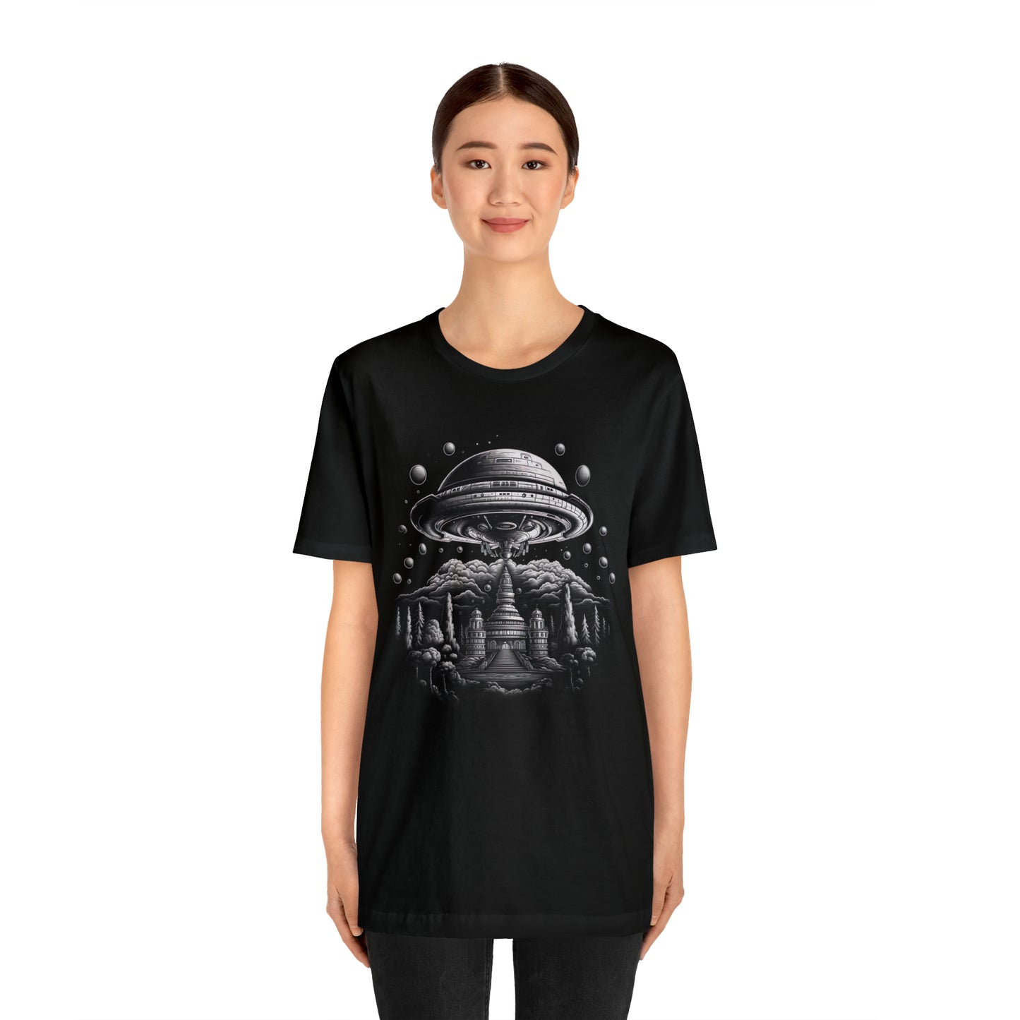 Ancient Temple Flyover UFO T-Shirt | Higher Density Living