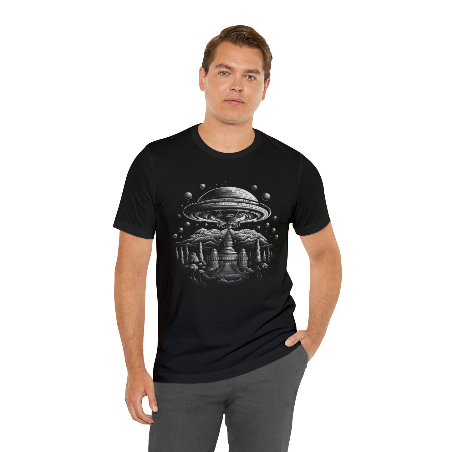 Ancient Temple Flyover UFO T-Shirt | Higher Density Living