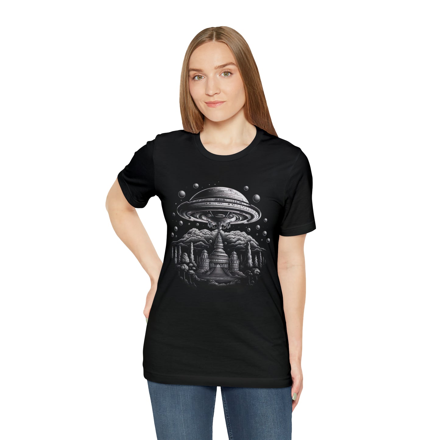 Ancient Temple Flyover UFO T-Shirt | Higher Density Living