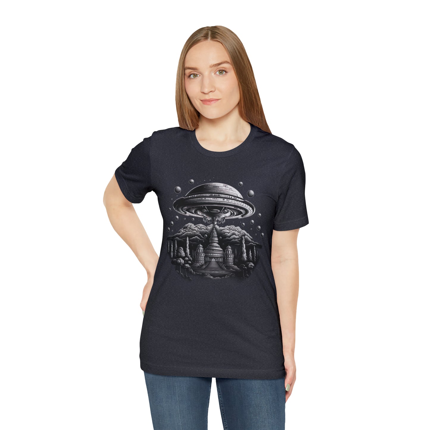 Ancient Temple Flyover UFO T-Shirt | Higher Density Living