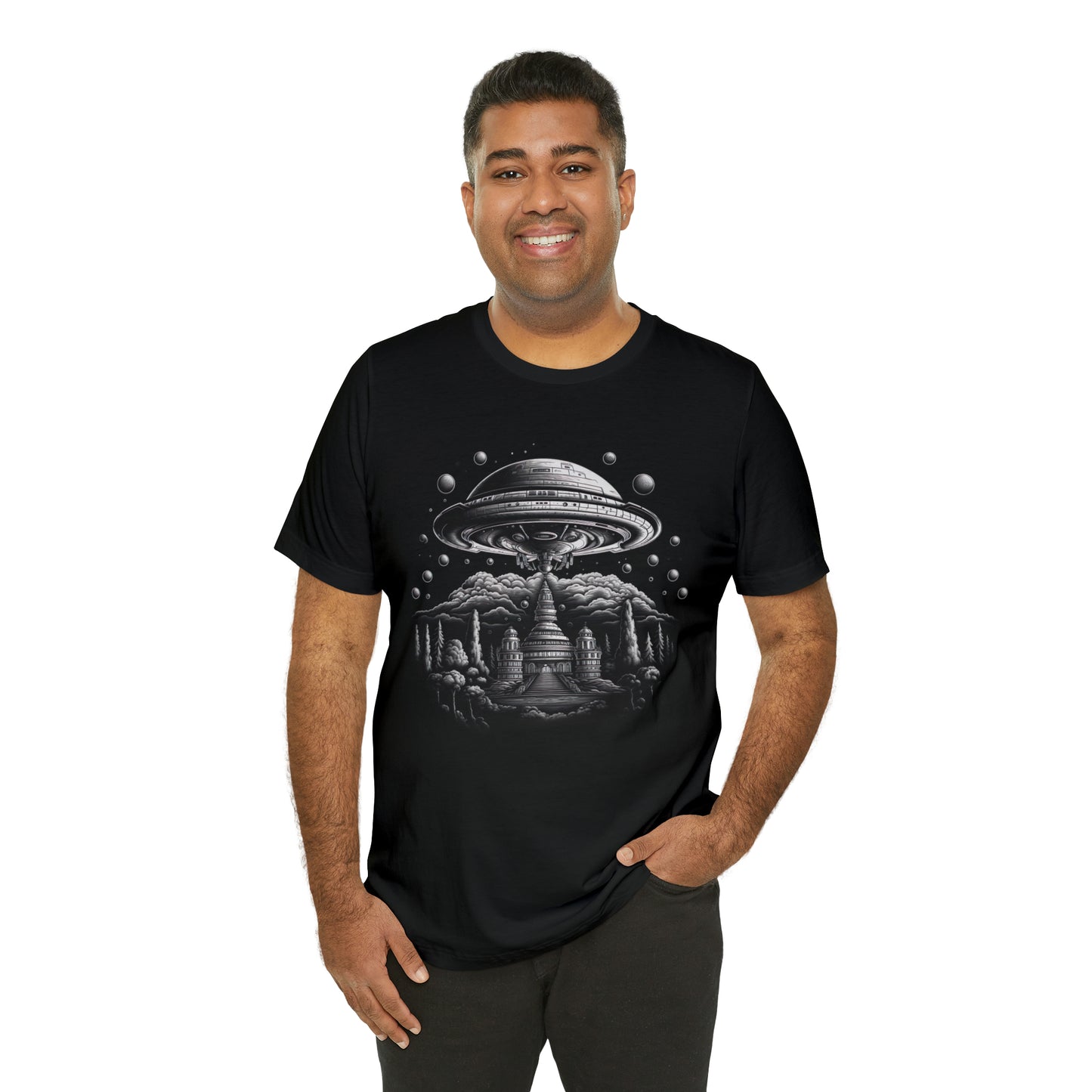 Ancient Temple Flyover UFO T-Shirt | Higher Density Living