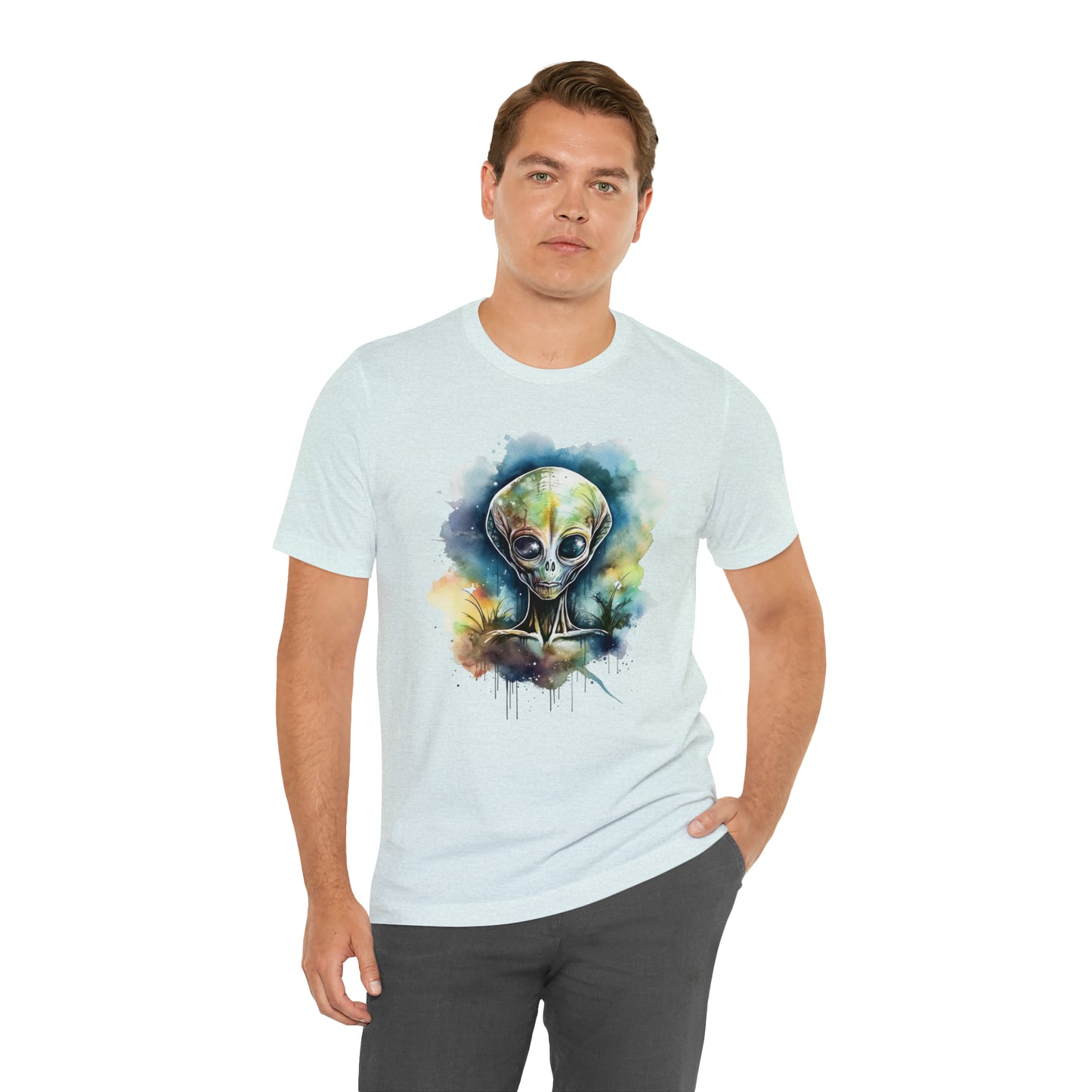 Grey Alien Watercolor Cosmos T-Shirt | Higher Density Living