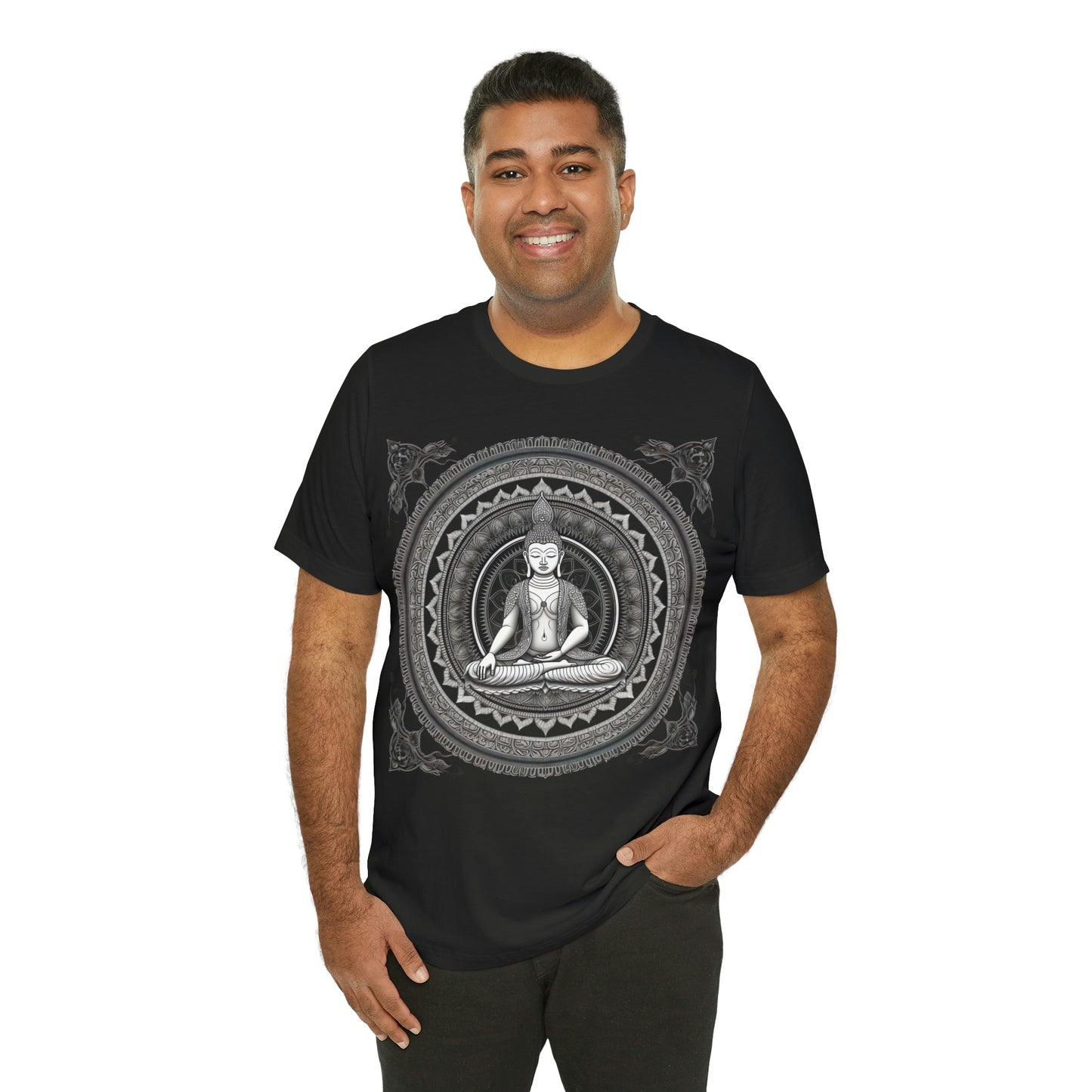 Embrace the Journey T-Shirt: Ancient Buddha & Sacred Geometry Cosmos Universe Design